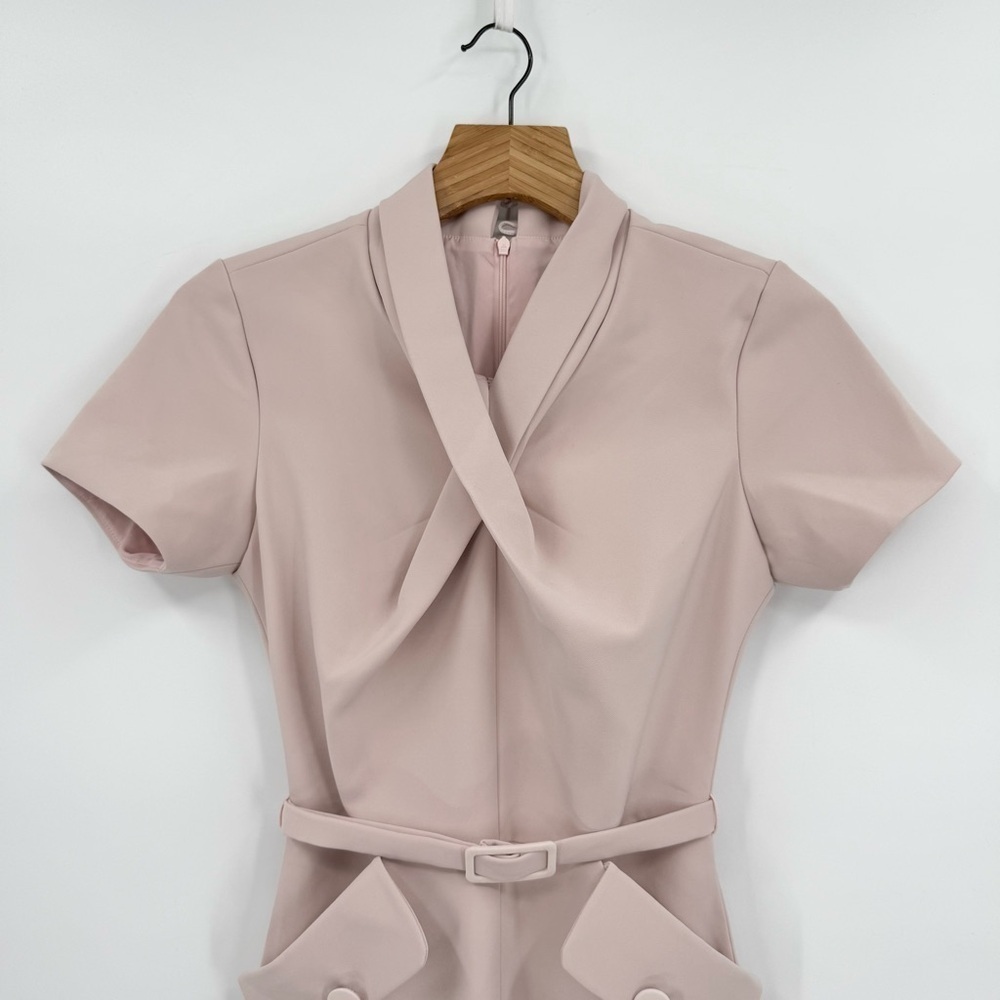 White Plan Helly Drap Pink A-Line Dress Belted Pocket Twist Front Size S - Picture 5 of 13